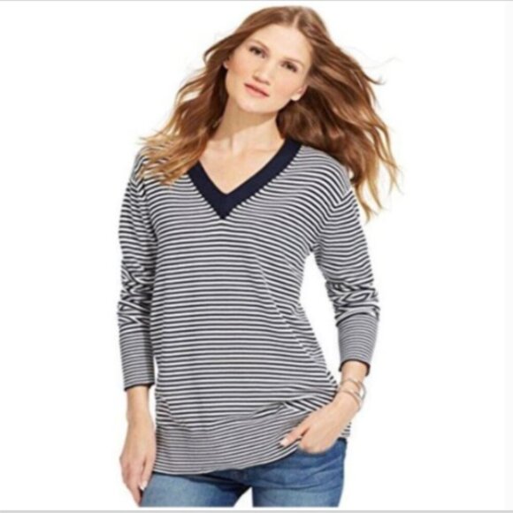 Tommy Hilfiger Striped V-Neck Pullover Sweater  Sz XXL Navy/White 140R - Picture 3 of 12